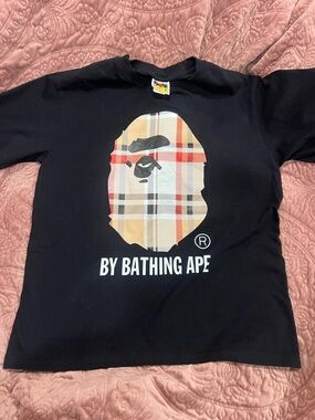 BAPE jrs MD Black Graphic Logo Tee with Plaid Ape Motif